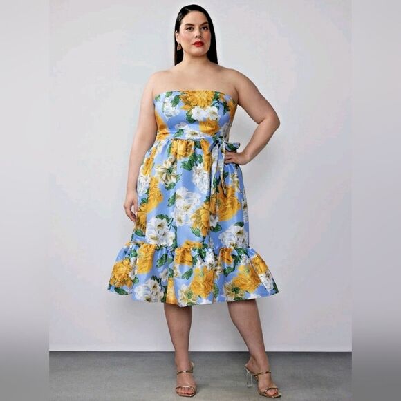 NWT New York & Co Women's Dress Medium Blue Yellow Floral Midi Pockets Strapless - Picture 1 of 11